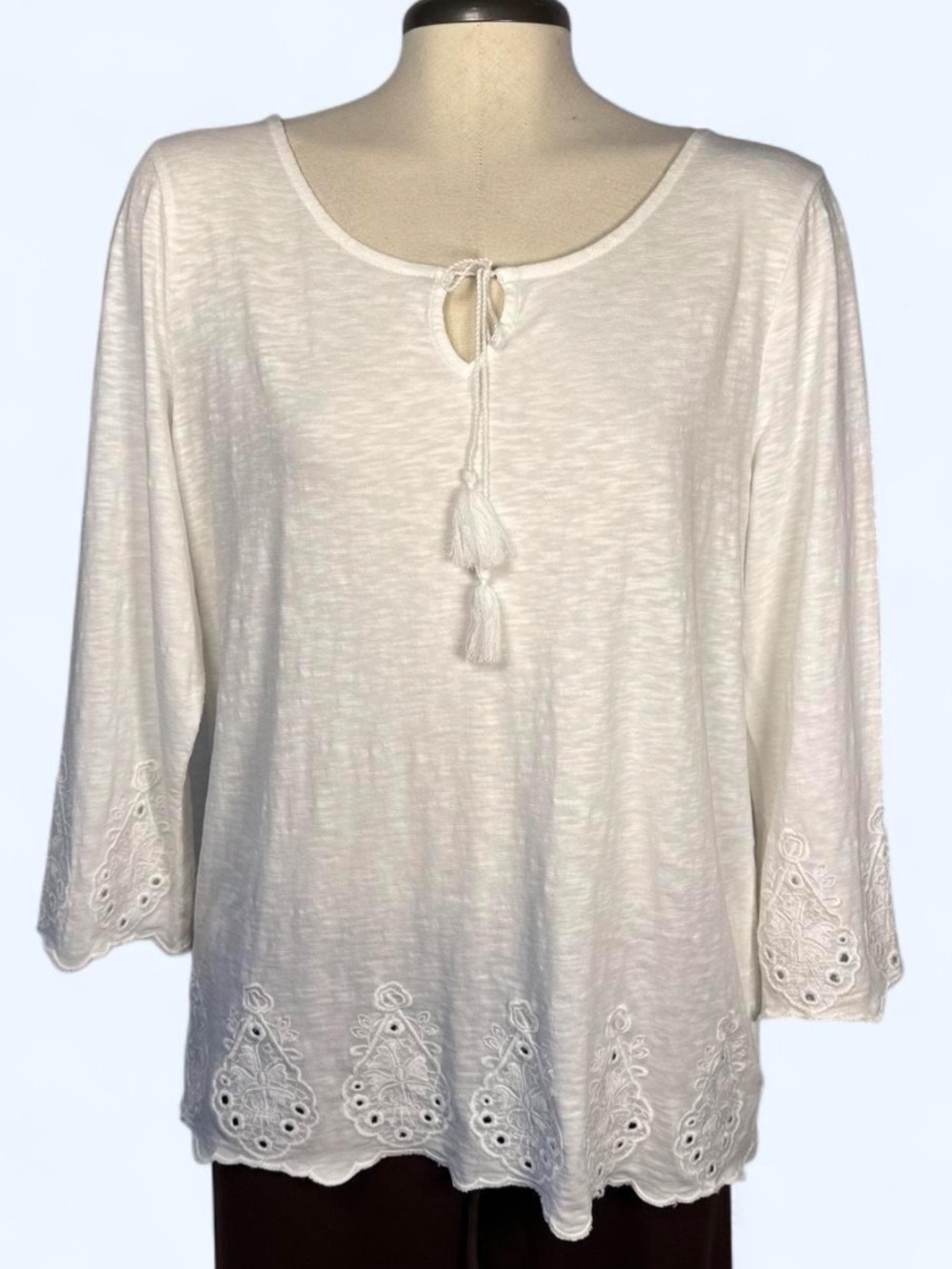 Talbots White Eyelet Embroidered Boho Peasant Top 100% Cotton 3/4 Sleeve Medium